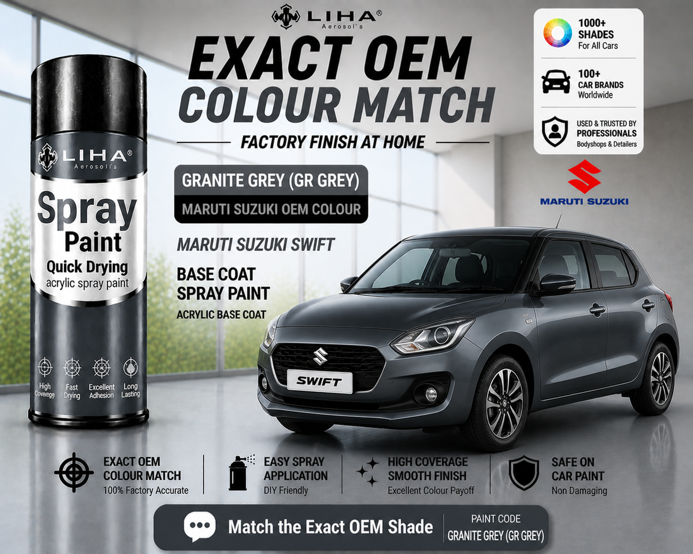 Maruti Suzuki Swift Granite Grey (GR Grey) Metallic PU Spray Paint – OEM Factory Match | LIHA Aerosols