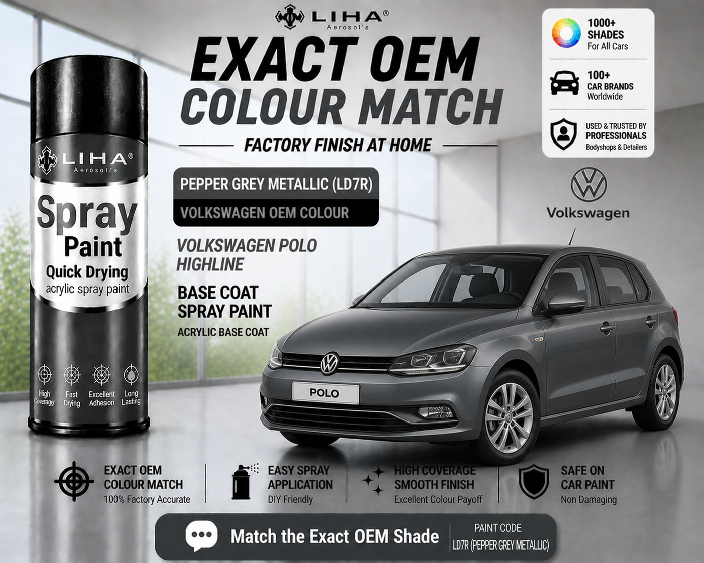 Volkswagen Polo Highline Pepper Grey Metallic (LD7R) PU Spray Paint – OEM Factory Match | LIHA Aerosols