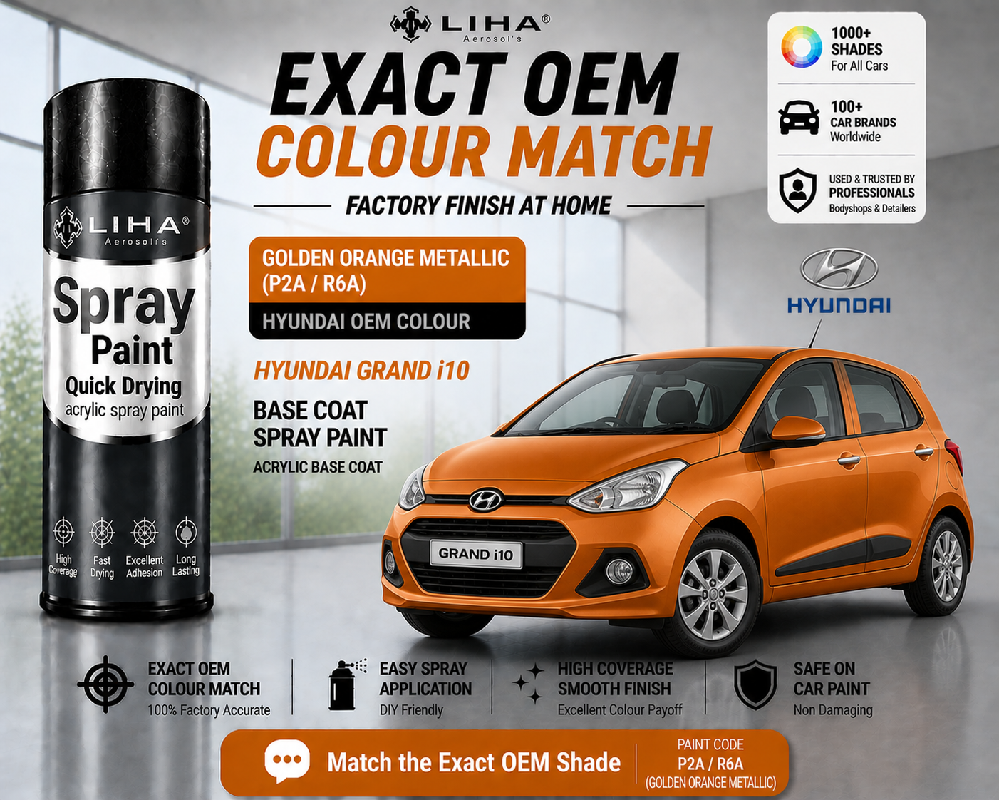 Hyundai Grand i10 Golden Orange Metallic (P2A / R6A) PU Spray Paint – OEM Factory Match | LIHA Aerosols
