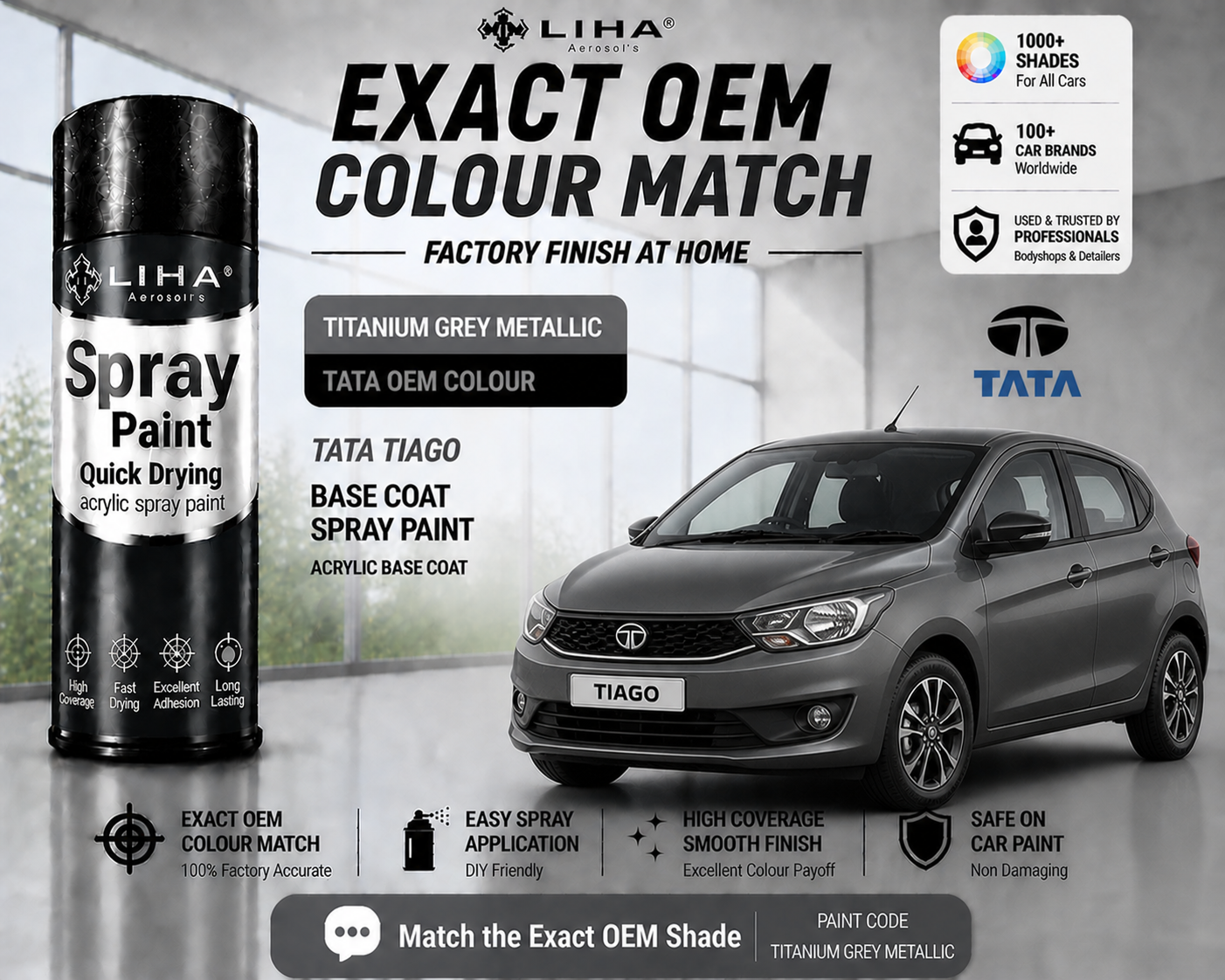 Tata Tiago Titanium Grey Metallic PU Spray Paint – OEM Factory Match Car Paint | LIHA Aerosols