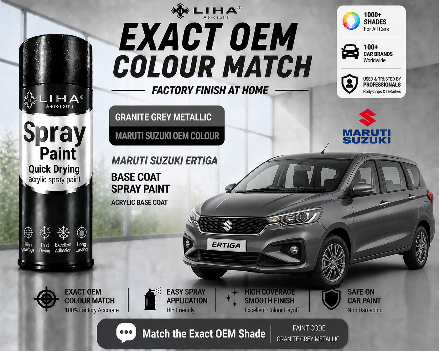 Maruti Suzuki Ertiga Granite Grey Metallic PU Spray Paint – OEM Factory Match | LIHA Aerosols