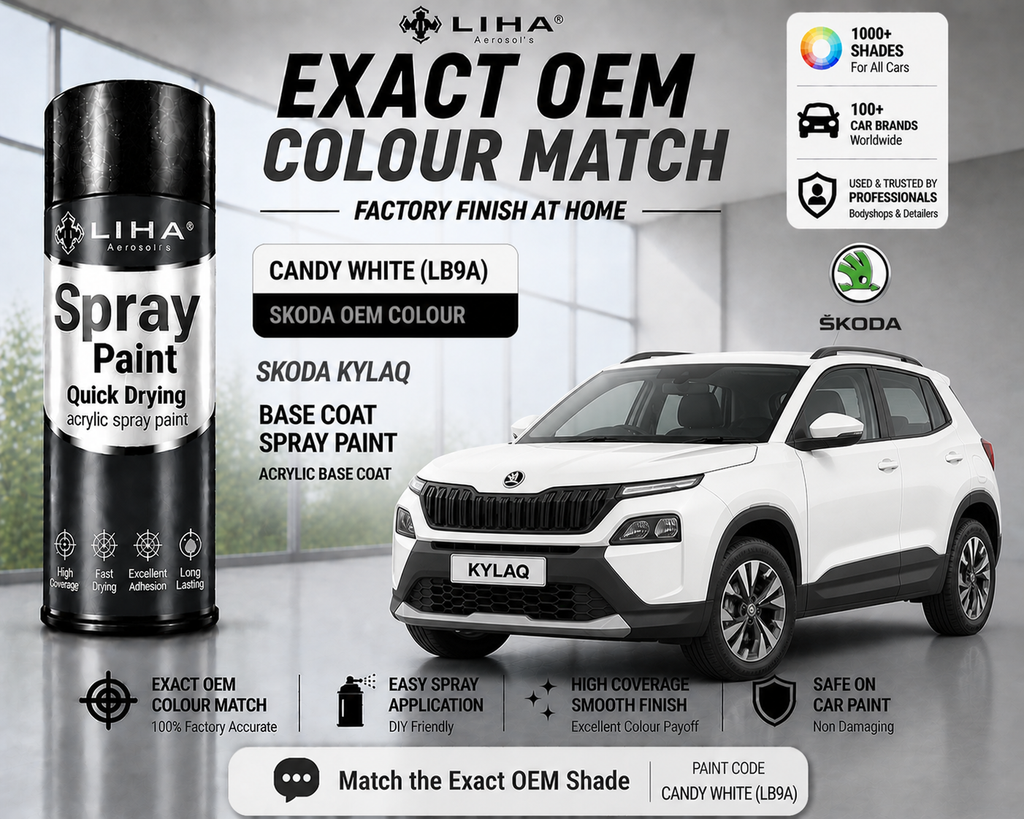 Skoda Kylaq Candy White (LB9A) PU Spray Paint – OEM Factory Match Car Paint | LIHA Aerosols