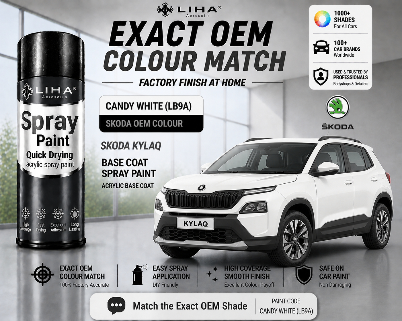 Skoda Kylaq Candy White (LB9A) PU Spray Paint – OEM Factory Match Car Paint | LIHA Aerosols