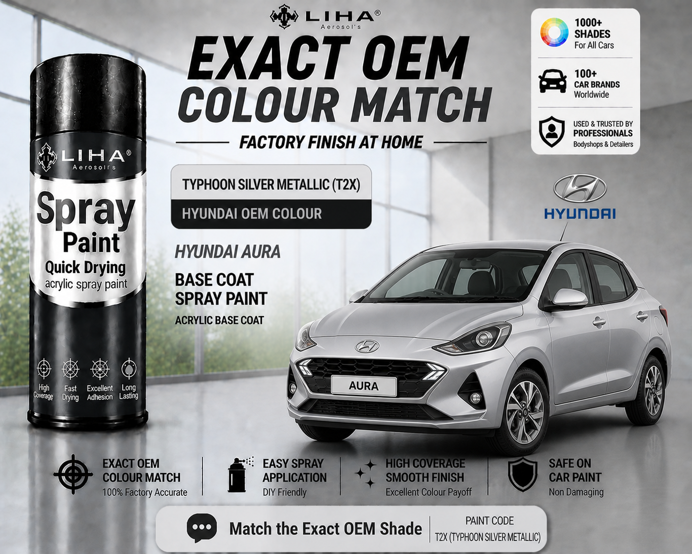 Hyundai Aura Typhoon Silver Metallic (T2X) PU Spray Paint – OEM Factory Match Car Paint | LIHA Aerosols