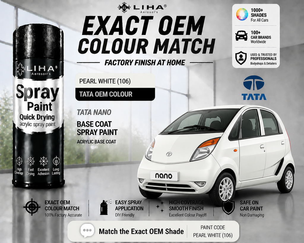 Tata Nano Pearl White (106) PU Spray Paint – OEM Factory Match Car Paint | LIHA Aerosols