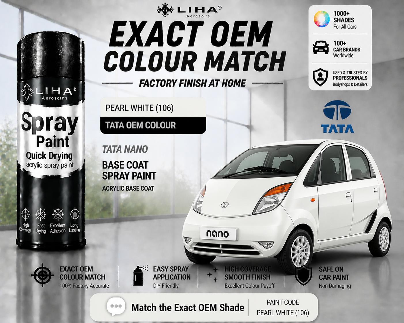 Tata Nano Pearl White (106) PU Spray Paint – OEM Factory Match Car Paint | LIHA Aerosols
