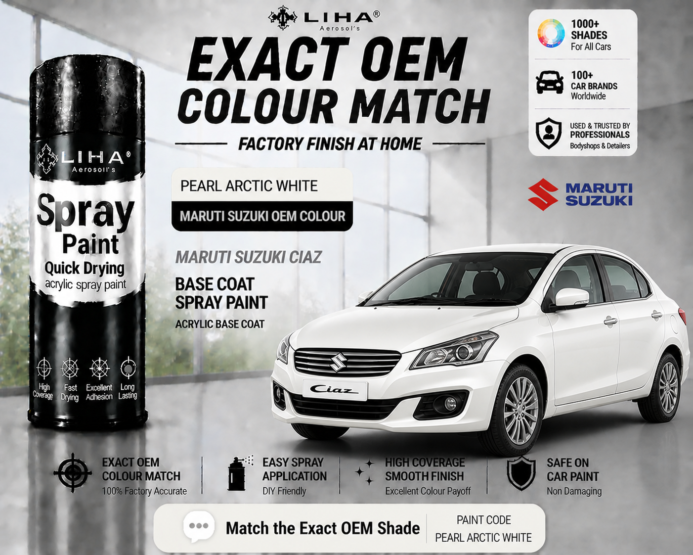 Maruti Suzuki Ciaz Pearl Arctic White PU Spray Paint – OEM Factory Match Car Paint | LIHA Aerosols