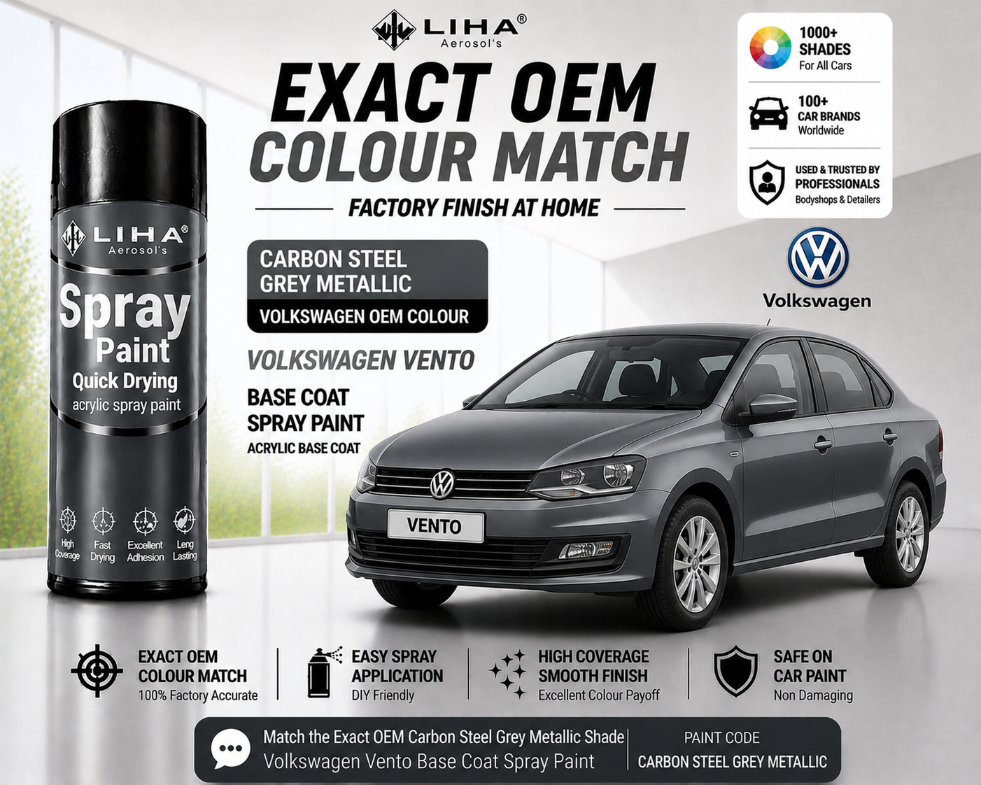 Volkswagen Vento Carbon Steel Grey Metallic Spray Paint – OEM Factory Match Car Touch Up Paint | LIHA Aerosols 400ml