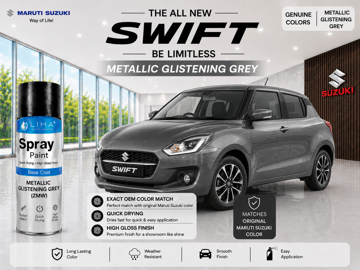 Maruti Suzuki Swift Metallic Glistening Grey Spray Paint – OEM Factory Match Car Touch Up Paint | LIHA Aerosols 400ml