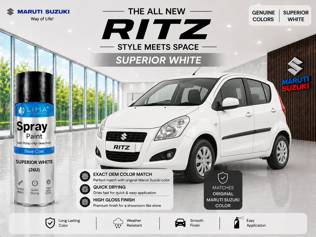Maruti Suzuki Ritz Superior White Spray Paint – OEM Factory Match Car Touch Up Paint | LIHA Aerosols 400ml