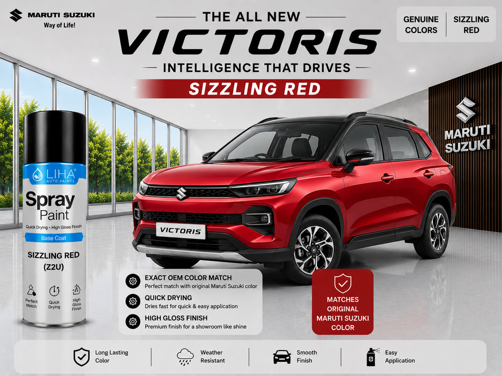 Maruti Suzuki Victorious Sizzling Red Spray Paint – OEM Factory Match Car Touch Up Paint | LIHA Aerosols 500ml