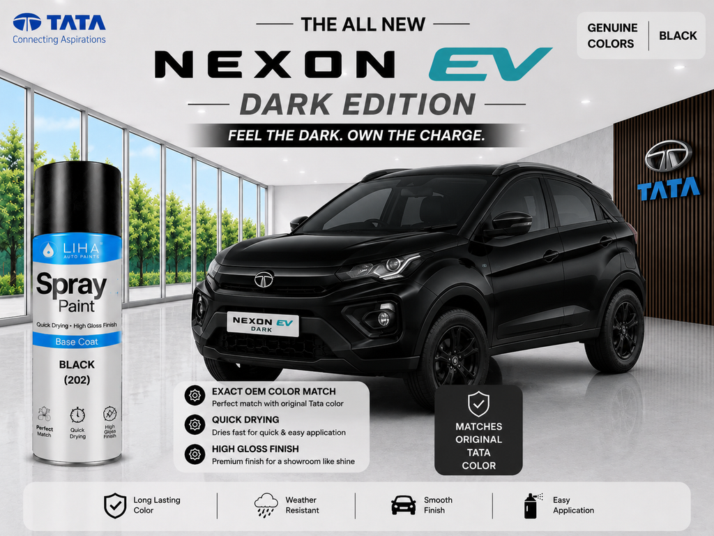 Tata Nexon EV Dark Edition Carbon Black Spray Paint – OEM Factory Match Car Touch Up Paint | LIHA Aerosols 500ml