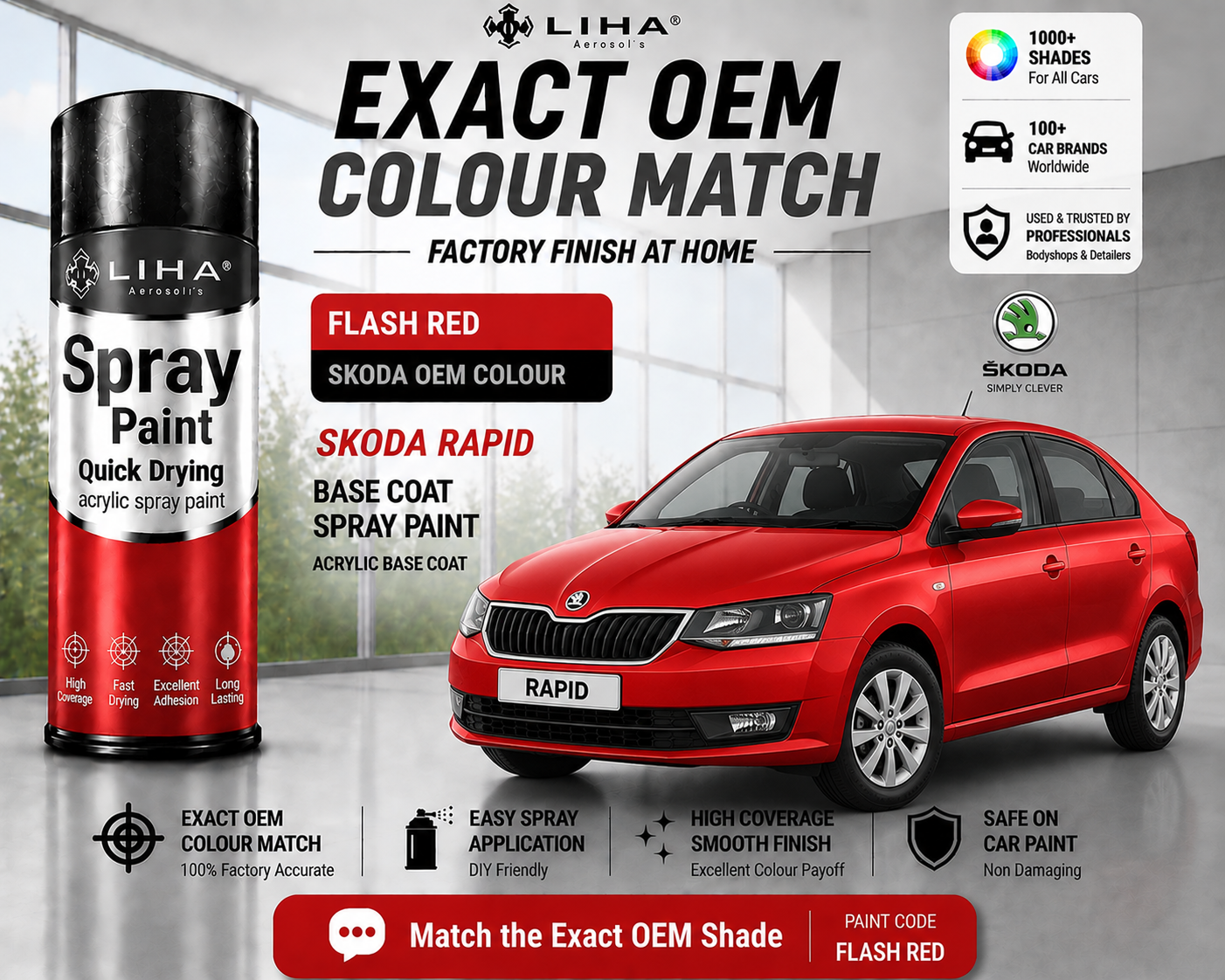 Skoda Rapid Flash Red Touch Up Spray Paint | OEM Automotive Aerosol Paint for Scratch Repair
