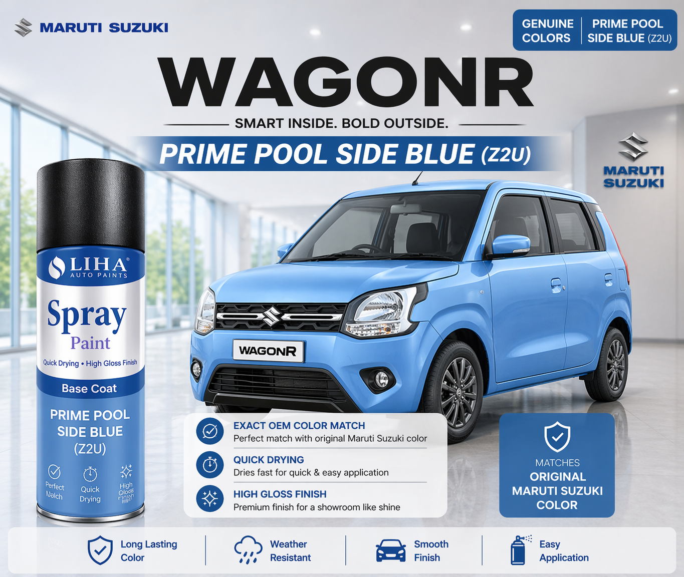 Maruti Suzuki WagonR Prime POOLSIDE Blue | OEM Color Match | Base Coat | High Gloss Finish