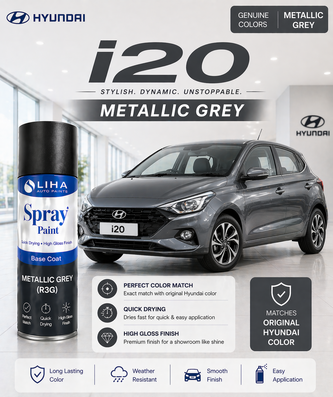 Hyundai i20 Metallic Grey ( 2E)  | OEM Color Match | High Gloss Finish | Quick Dry