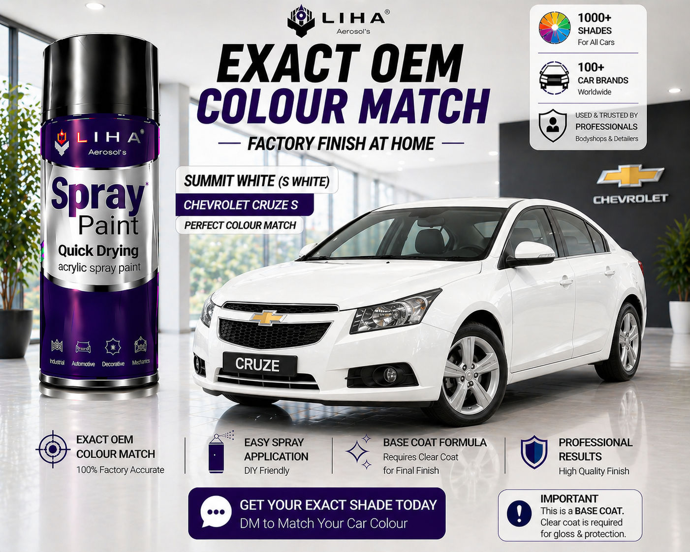 Chevrolet Cruze Summit White (S White) PU Spray Paint – OEM Factory Match Car Paint | LIHA Aerosols