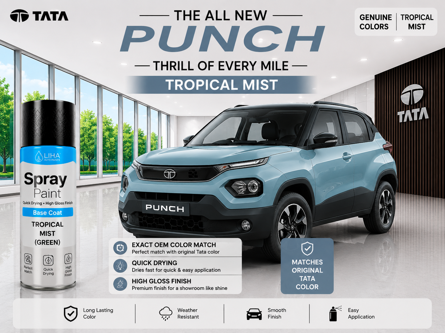 Tata Punch Tropical Mist Touch Up Spray Paint | OEM Automotive Aerosol Paint for Scratch Repair