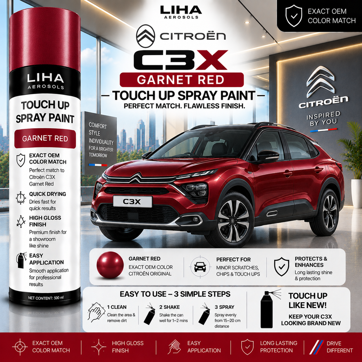 Citroën C3X Garnet Red Touch Up Spray Paint – OEM Color Match | LIHA Aerosols 500ml