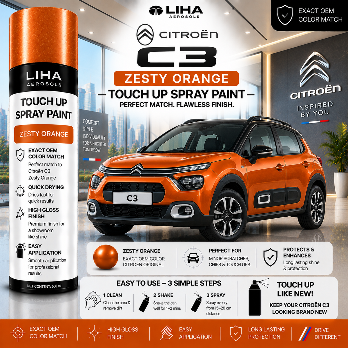 Citroën C3 Zesty Orange Touch Up Spray Paint – OEM Color Match | LIHA Aerosols 500ml