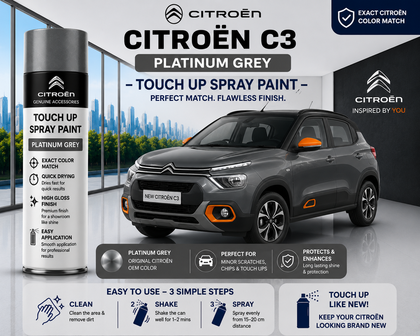 Citroen C3 Platinum Grey Touch Up Spray Paint | OEM Automotive Aerosol Paint for Scratch Repair