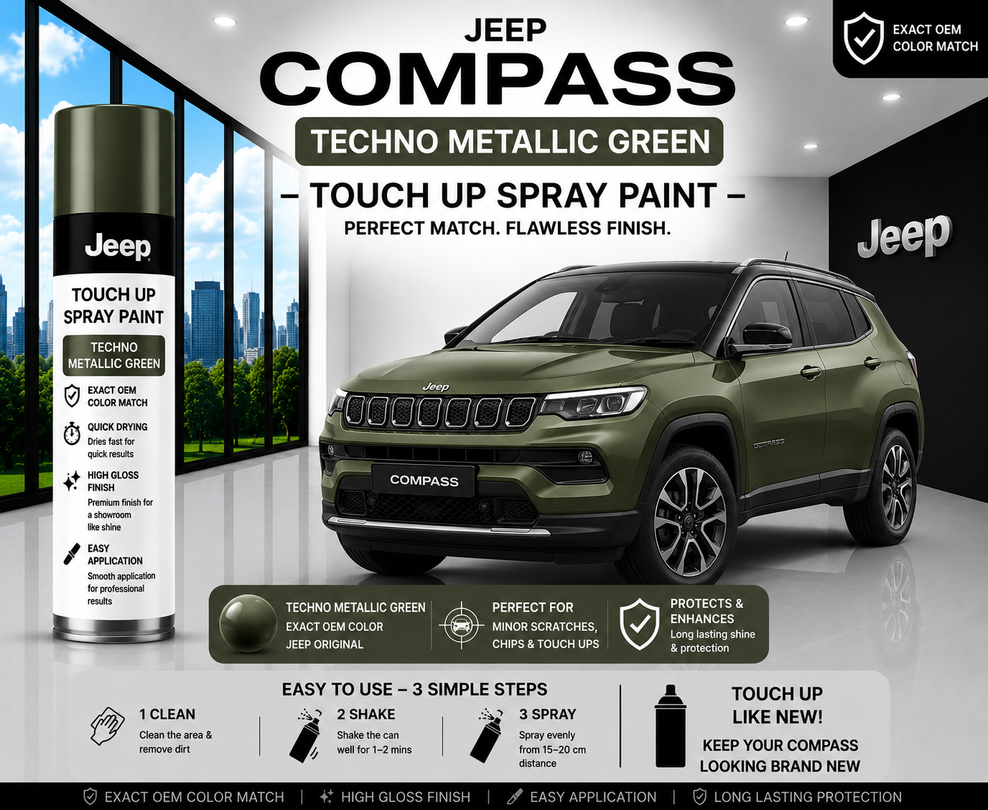 Jeep Compass Techno Metallic Green Touch Up Spray Paint – OEM Color Match | LIHA Aerosols 500ml