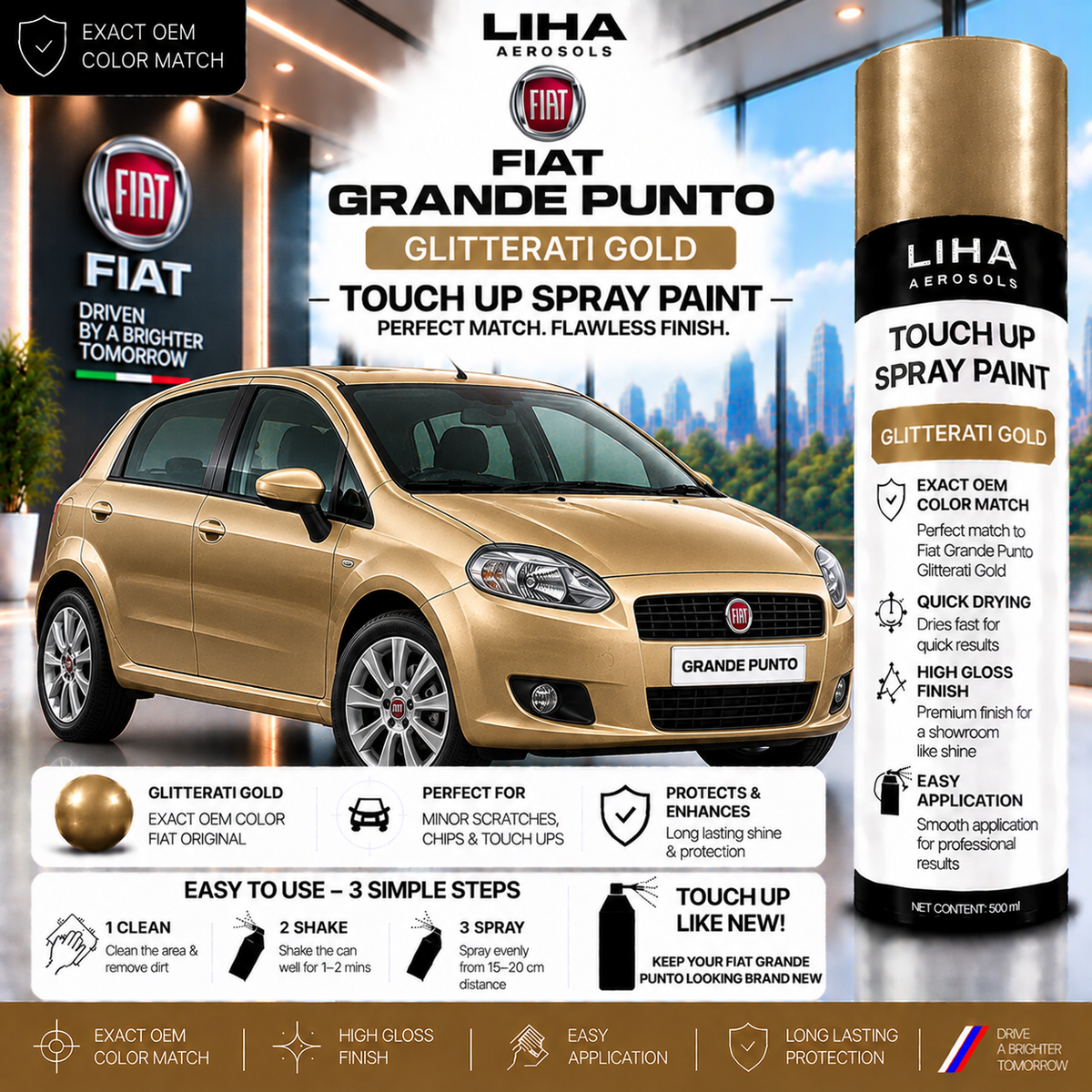 Fiat Grande Punto Glitterati Gold Touch Up Spray Paint – OEM Color Match | LIHA Aerosols 500ml