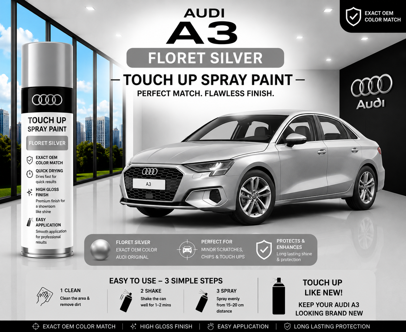 Audi A3 Floret Silver Metallic Touch Up Spray Paint – OEM Color Match | LIHA Aerosols 500ml
