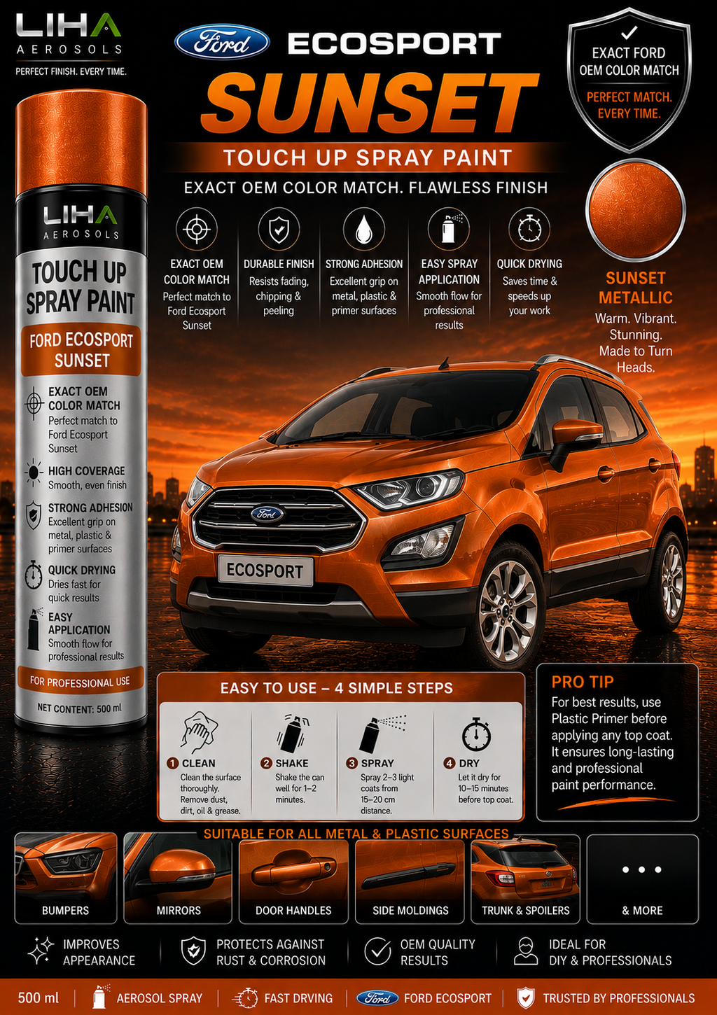 Ford EcoSport Sunset OEM Color Match Touch Up Spray Paint 500ml | LIHA Aerosols Automotive Paint