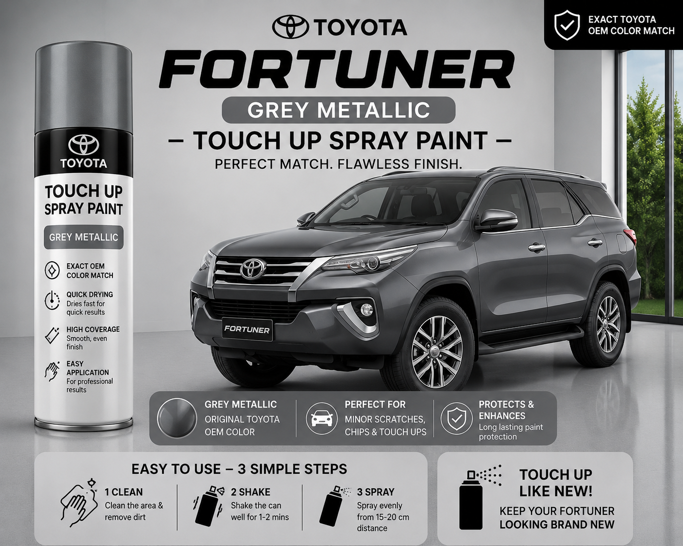 Toyota Fortuner Grey Metallic Touch Up Spray Paint – OEM Color Match | LIHA Aerosols 500ml