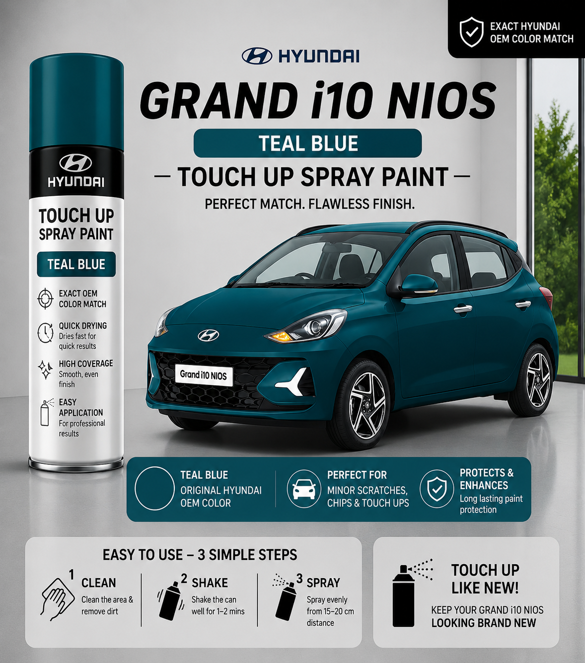 Hyundai Grand i10 Nios Teal Blue Touch Up Spray Paint – OEM Color Match | LIHA Aerosols 500ml