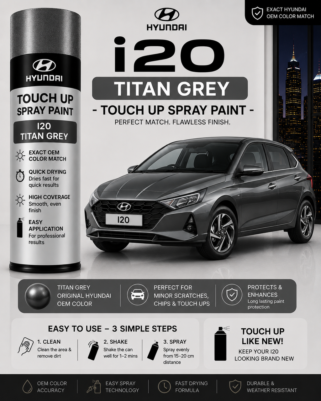Hyundai i20 Titan Grey Touch Up Spray Paint – OEM Color Match | LIHA Aerosols 500ml