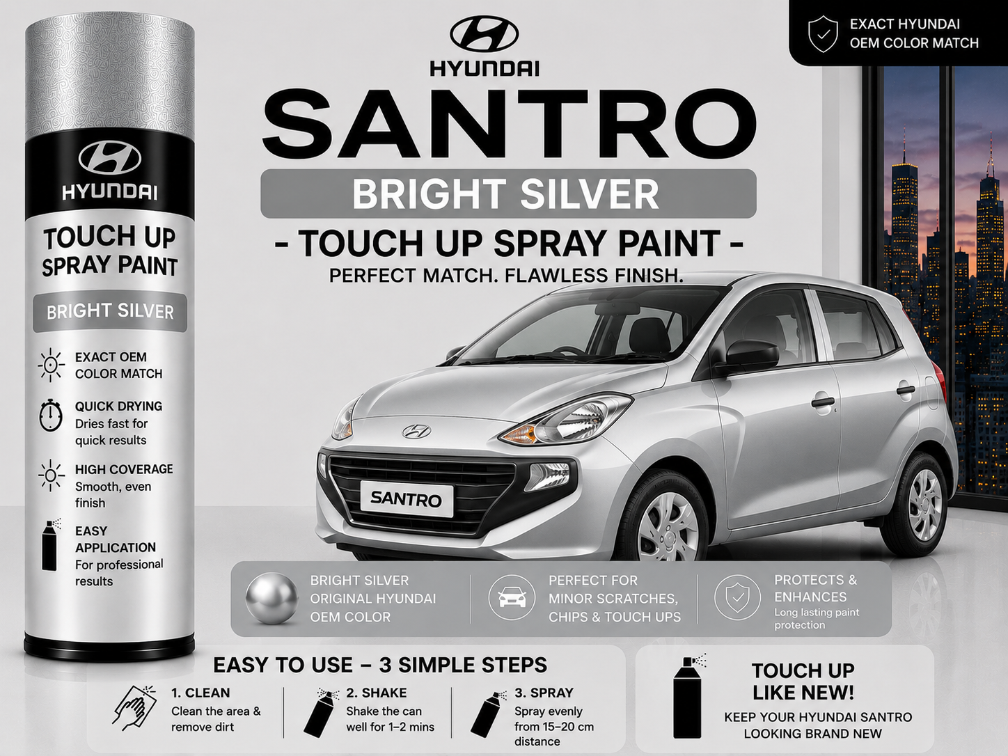 Hyundai Santro Bright Silver Touch Up Spray Paint – OEM Color Match | LIHA Aerosols 500ml