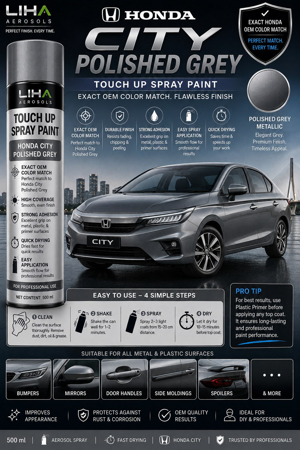 Honda City Polished Grey OEM Color Match Touch Up Spray Paint 500ml | LIHA Aerosols Automotive Paint