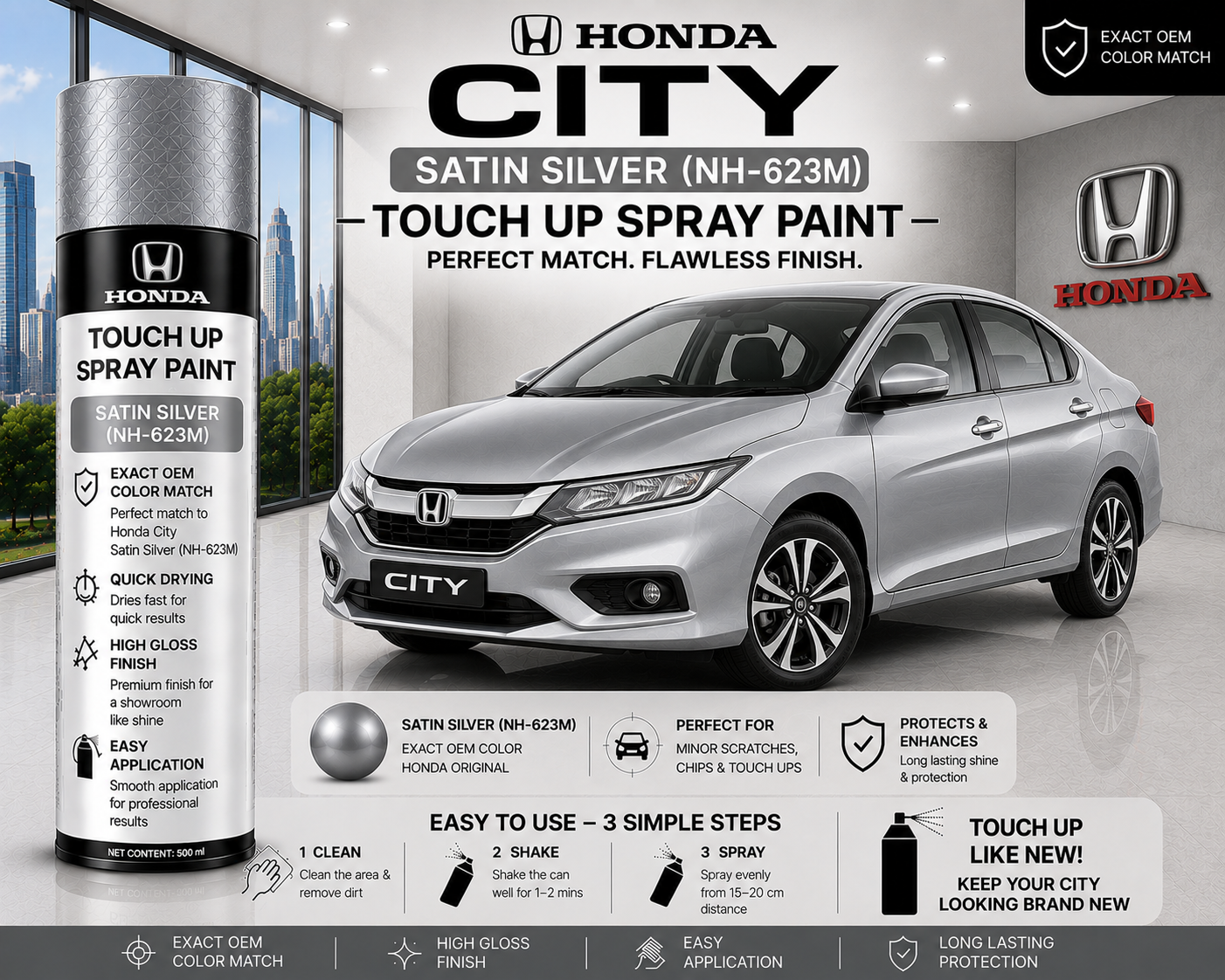Honda City Satin Silver (NH-623M) Touch Up Spray Paint – OEM Color Match | LIHA Aerosols 500ml