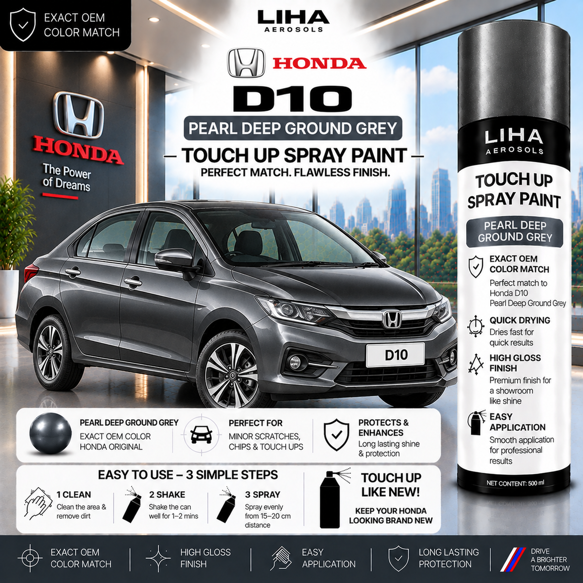 Honda D10 Pearl Deep Ground Grey Touch Up Spray Paint – OEM Color Match | LIHA Aerosols 500ml