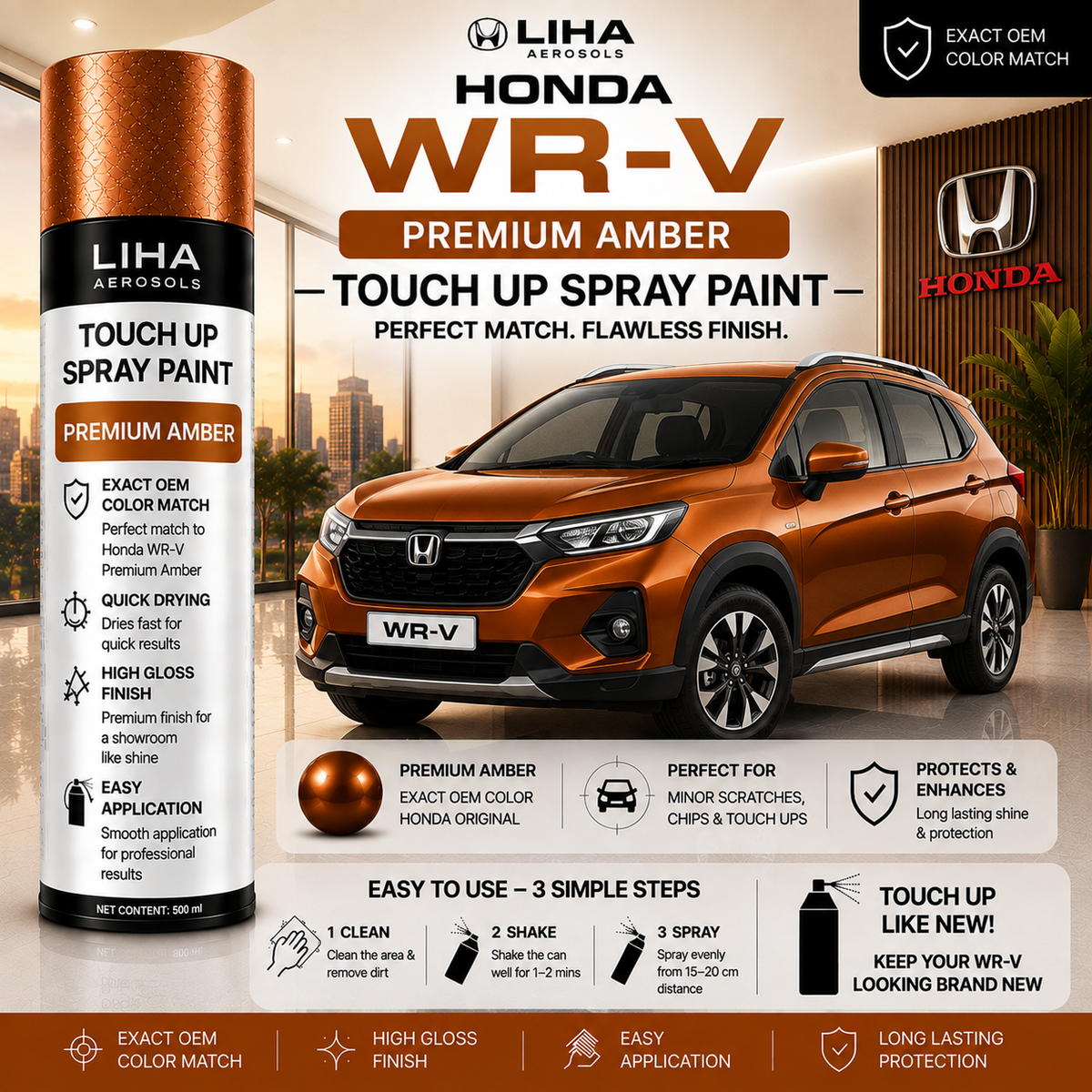 Honda WR-V Premium Amber Touch Up Spray Paint – OEM Color Match | LIHA Aerosols 500ml