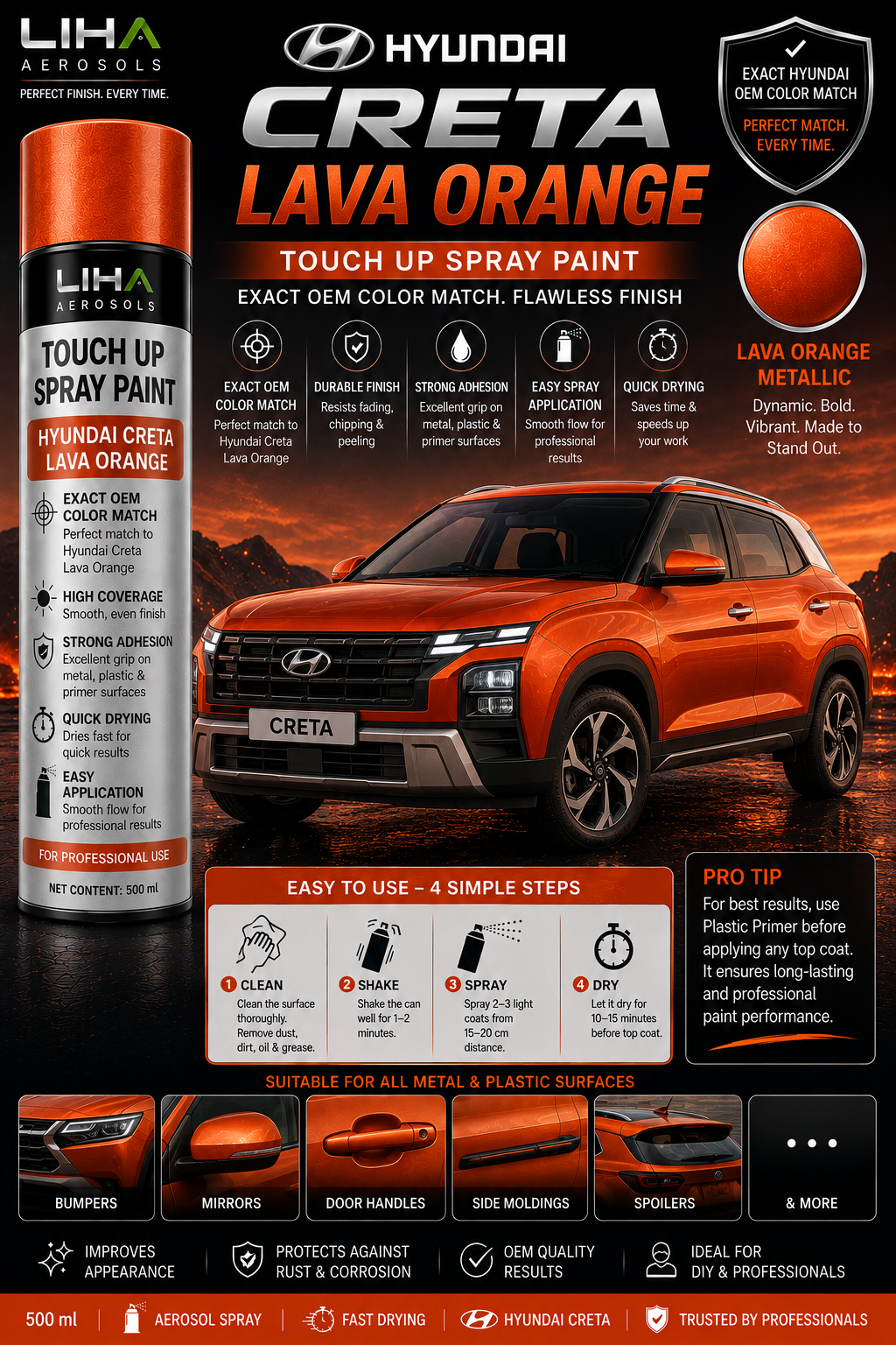 Hyundai Creta Lava Orange OEM Color Match Touch Up Spray Paint 500ml | LIHA Aerosols Automotive Paint