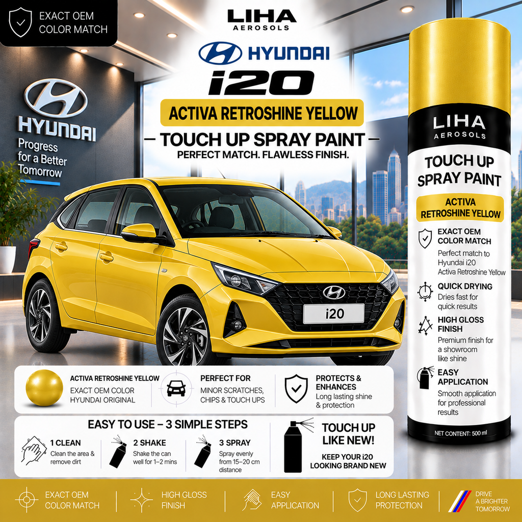 Hyundai i20 Active Retroshine Yellow Touch Up Spray Paint – OEM Color Match | LIHA Aerosols 500ml