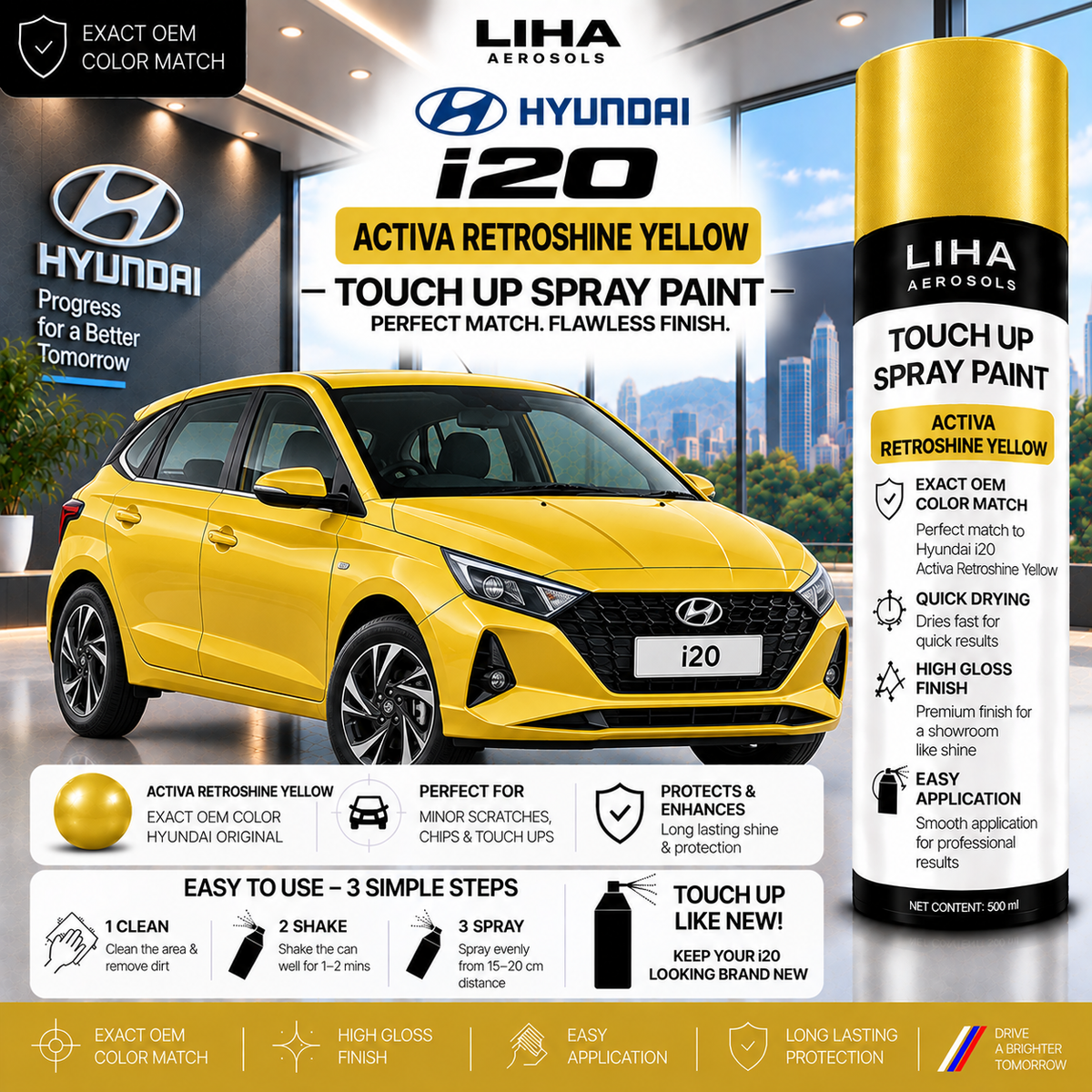 Hyundai i20 Active Retroshine Yellow Touch Up Spray Paint – OEM Color Match | LIHA Aerosols 500ml