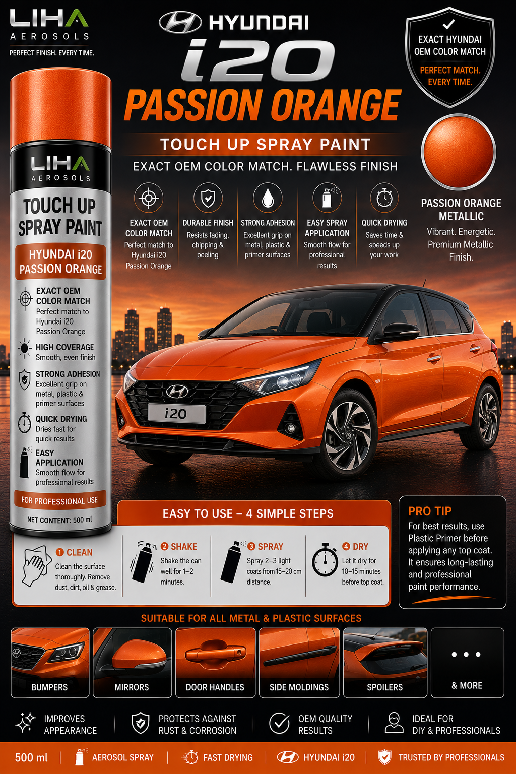 Hyundai i20 Passion Orange Touch Up Spray Paint – OEM Color Match | LIHA Aerosols 500ml
