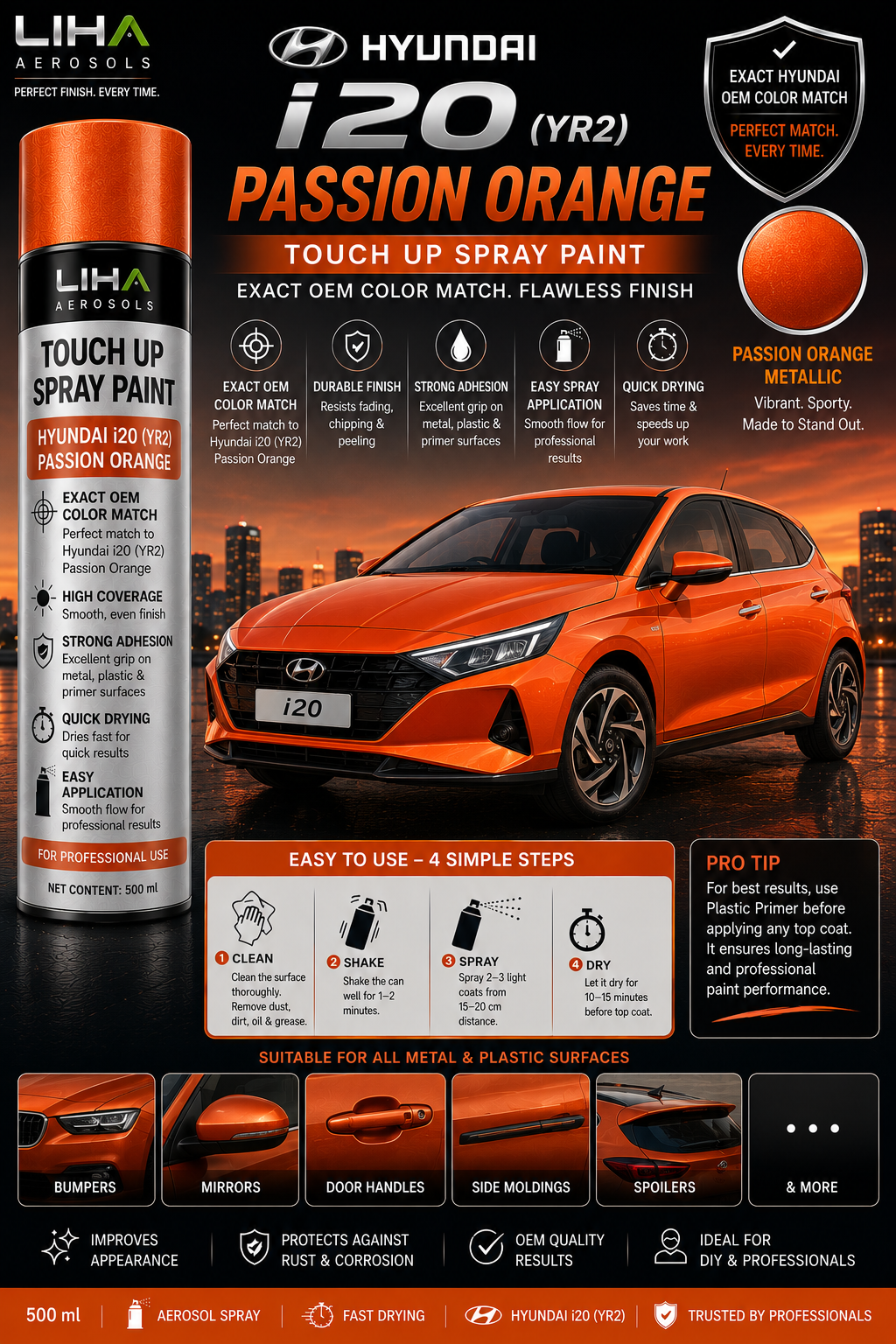 Hyundai i20 (YR2) Passion Orange OEM Color Match Touch Up Spray Paint 500ml | LIHA Aerosols Automotive Paint