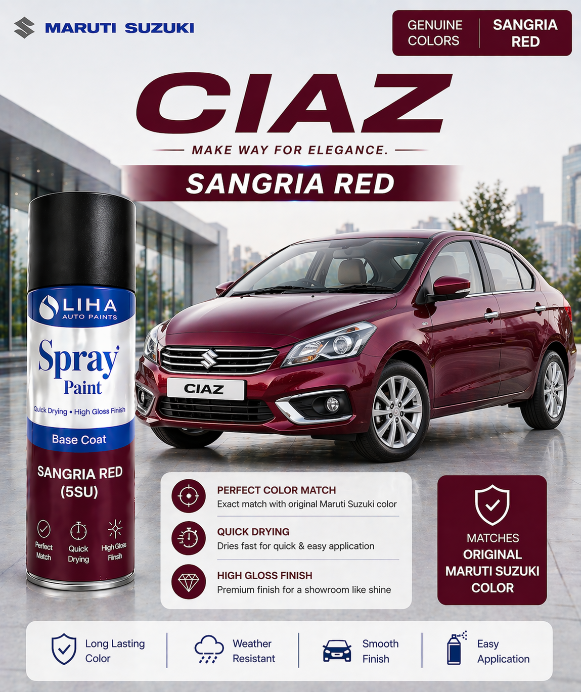 Maruti Suzuki Ciaz Sangria Red | OEM Color Match | Base Coat | High Gloss Finish