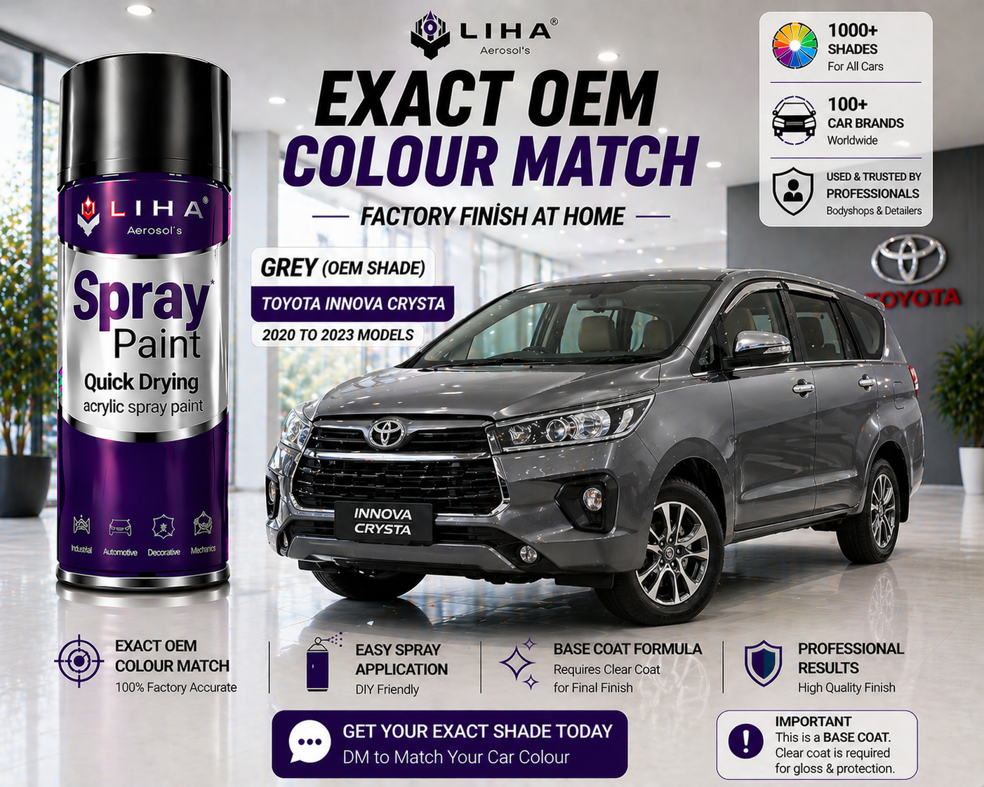 LIHA Spray Paint – Toyota Innova Crysta Grey (1G3) | OEM Color Match | Base Coat | Metallic Finish | Quick Dry