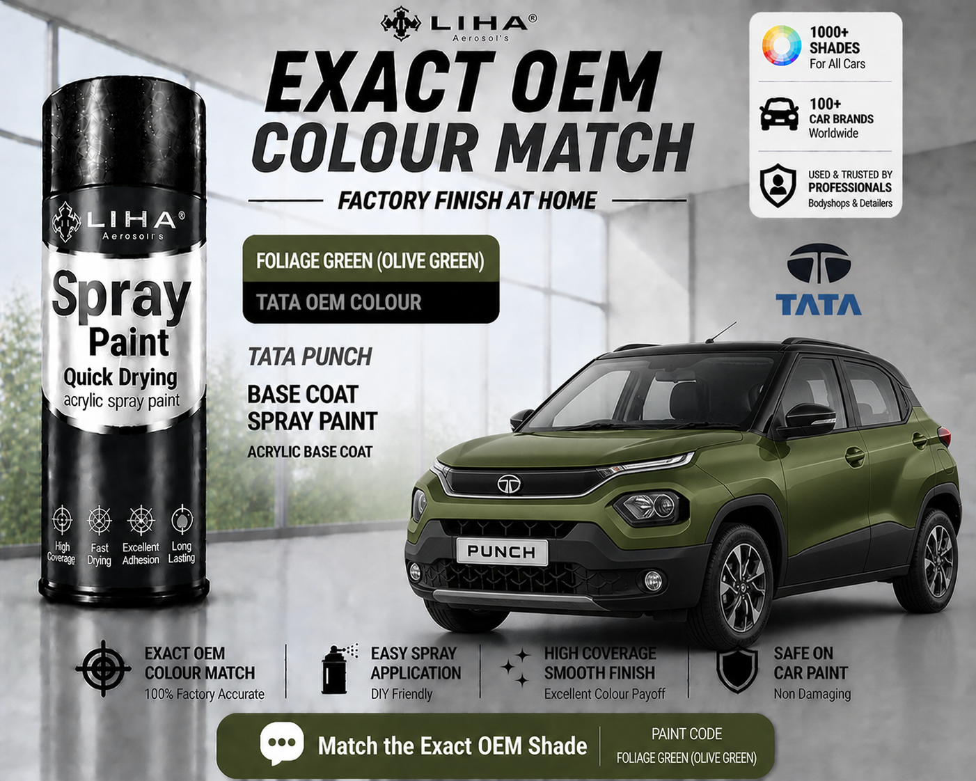 Tata Punch Foliage Green (Olive Green) PU Spray Paint – OEM Factory Match Car Paint | LIHA Aerosols