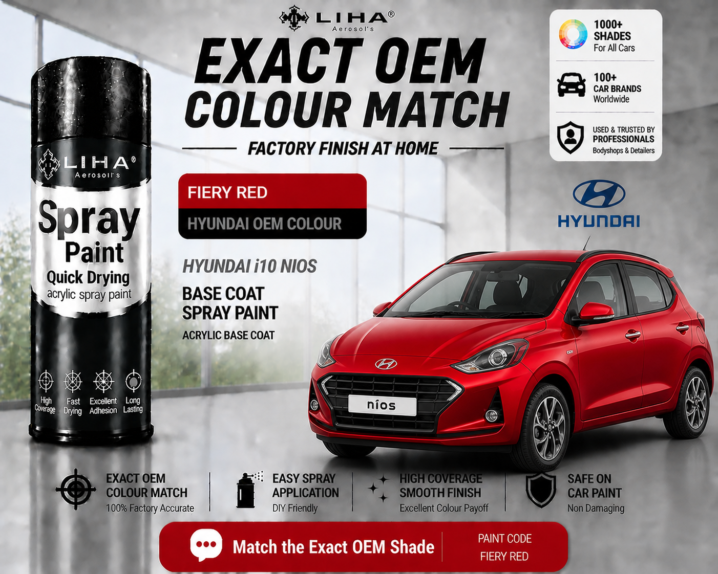 Hyundai Grand i10 Nios Fiery Red PU Spray Paint – OEM Factory Match Car Paint | LIHA Aerosols