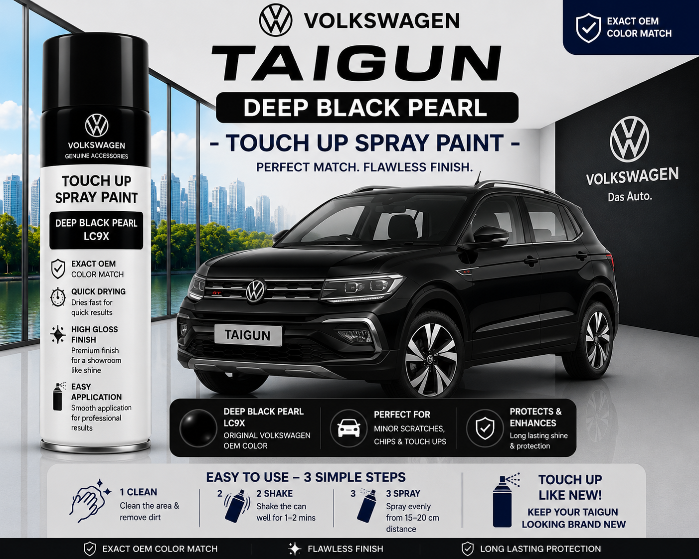 Volkswagen Taigun Deep Black Pearl Touch Up Spray Paint | OEM Automotive Aerosol Paint for Scratch Repair