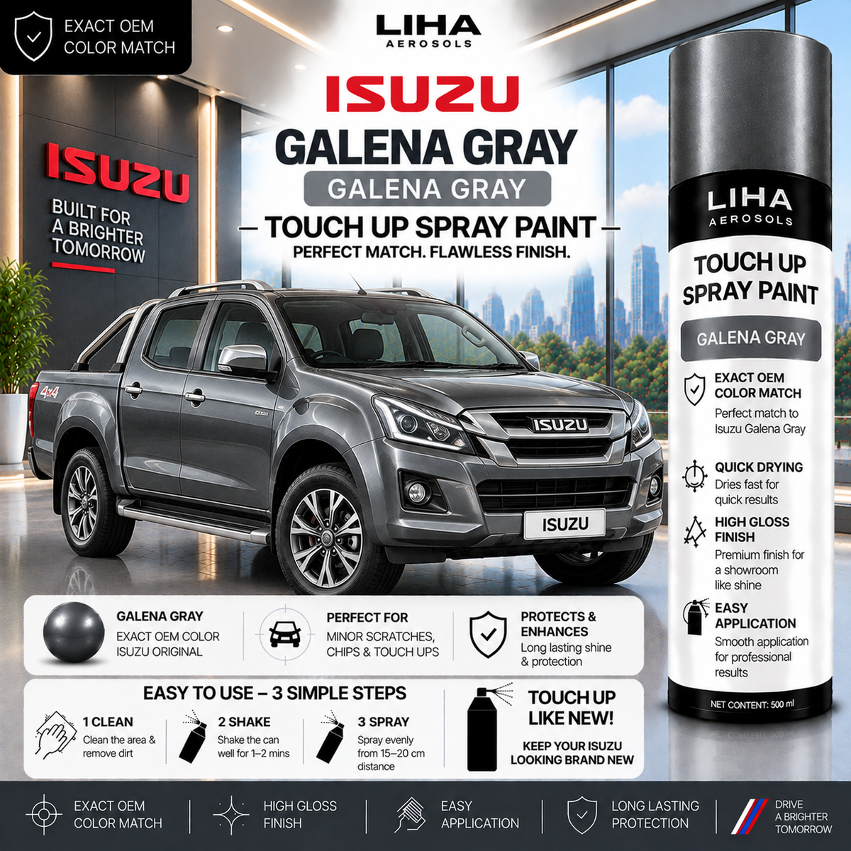 Isuzu Galena Gray Touch Up Spray Paint – OEM Color Match | LIHA Aerosols 500ml