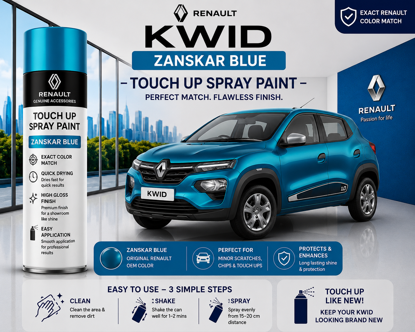 Renault Kwid Zanskar Blue Touch Up Spray Paint | OEM Automotive Aerosol Paint for Scratch Repair