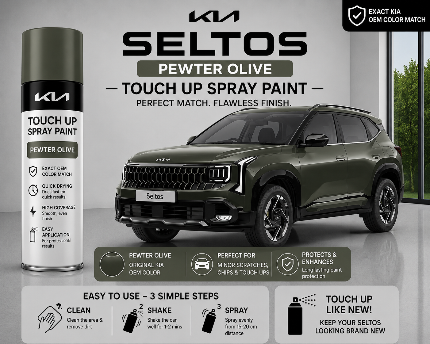 Kia Seltos Pewter Olive Touch Up Spray Paint – OEM Color Match | LIHA Aerosols 500ml