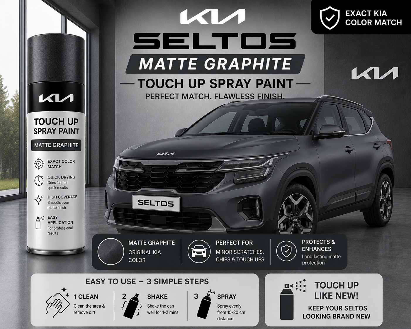Kia Seltos Matte Graphite Touch Up Spray Paint | OEM Automotive Aerosol Paint for Scratch Repair